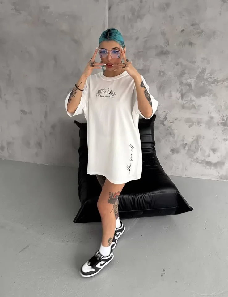 Unisex Baskılı Oversize T-Shirt - Beyaz Unisex Baskılı Oversize T-Shirt - Beyaz