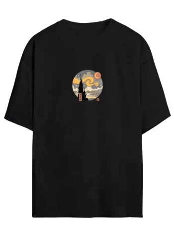 Unisex Baskılı Oversize T-Shirt - Siyah