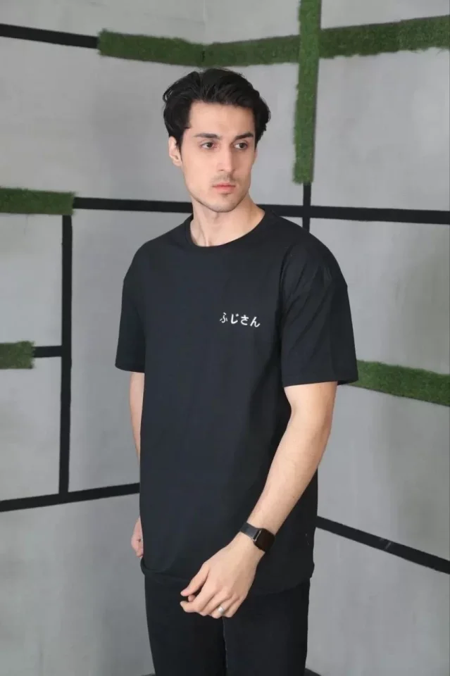Unisex Bisiklet Yaka Baskılı Oversize T-Shirt - Siyah Unisex Bisiklet Yaka Baskılı Oversize T-Shirt - Siyah