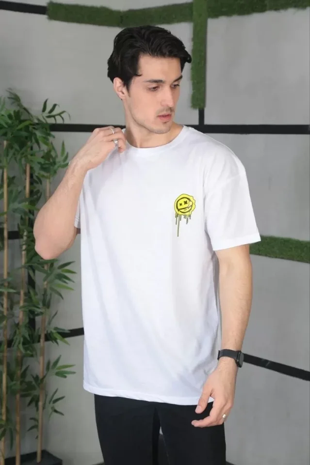 Unisex Bisiklet Yaka Baskılı Oversize T-Shirt - Beyaz Unisex Bisiklet Yaka Baskılı Oversize T-Shirt - Beyaz