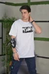 Unisex Bisiklet Yaka Baskılı Oversize T-Shirt – Beyaz