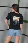 Unisex Bisiklet Yaka Baskılı Oversize T-Shirt – Siyah
