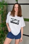 Unisex Bisiklet Yaka Baskılı Oversize T-Shirt – Beyaz