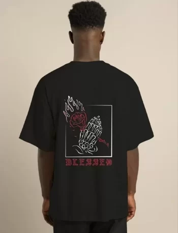 Unisex Bisiklet Yaka Oversize Baskılı T-Shirt - Siyah