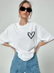 Bisiklet Yaka Baskılı Oversize T-Shirt – Beyaz