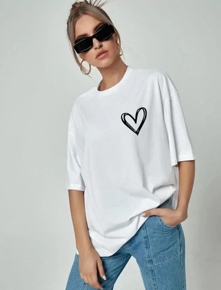 Bisiklet Yaka Baskılı Oversize T-Shirt - Beyaz Bisiklet Yaka Baskılı Oversize T-Shirt - Beyaz