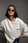 Unisex Bisiklet Yaka Baskılı Oversize T-Shirt – Beyaz