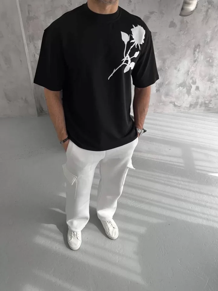 Unisex Bisiklet Yaka Baskılı Oversize T-Shirt - Siyah Unisex Bisiklet Yaka Baskılı Oversize T-Shirt - Siyah