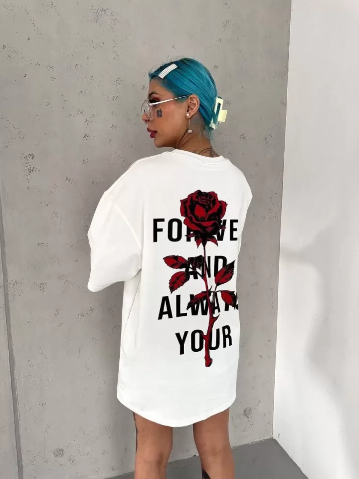 Unisex Bisiklet Yaka Baskılı Oversize T-Shirt - Beyaz Unisex Bisiklet Yaka Baskılı Oversize T-Shirt - Beyaz