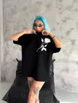 Unisex Bisiklet Yaka Baskılı Oversize T-Shirt – Siyah