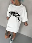 Unisex Bisiklet Yaka Baskılı Oversize T-Shirt – Beyaz