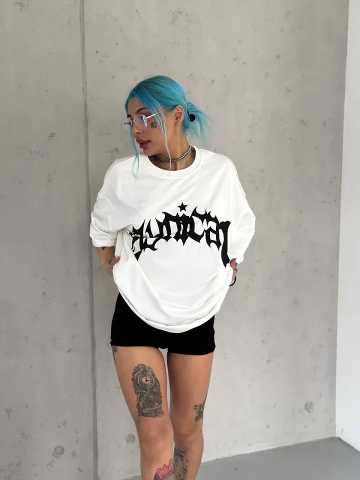 Unisex Bisiklet Yaka Baskılı Oversize T-Shirt - Beyaz Unisex Bisiklet Yaka Baskılı Oversize T-Shirt - Beyaz