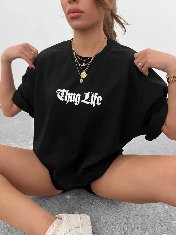 Unisex Bisiklet Yaka Baskılı Oversize T-Shirt - Siyah Unisex Bisiklet Yaka Baskılı Oversize T-Shirt - Siyah