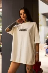 Unisex Bisiklet Yaka Baskılı Oversize T-Shirt – Beyaz