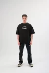 Unisex Bisiklet Yaka Baskılı Oversize T-Shirt – Siyah