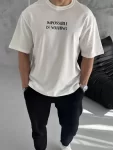 Unisex Bisiklet Yaka Baskılı Oversize T-Shirt – Beyaz