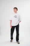 Unisex Bisiklet Yaka Baskılı Oversize T-Shirt – Beyaz