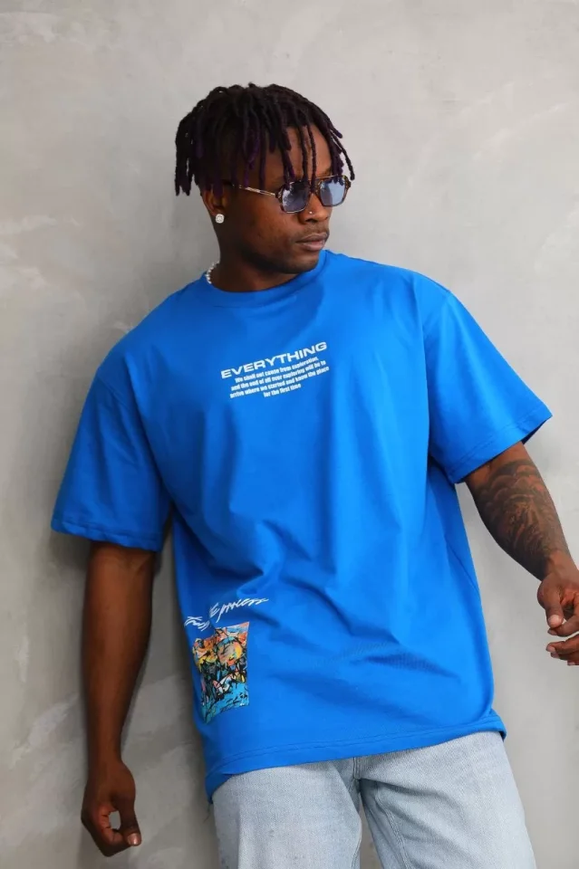 Unisex Bisiklet Yaka Baskılı Oversize T-Shirt - Mavi Unisex Bisiklet Yaka Baskılı Oversize T-Shirt - Mavi