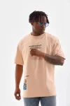 Unisex Bisiklet Yaka Baskılı Oversize T-Shirt – Bej