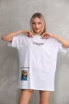 Unisex Bisiklet Yaka Baskılı Oversize T-Shirt – Beyaz