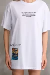 Unisex Bisiklet Yaka Baskılı Oversize T-Shirt – Beyaz