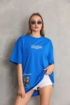Unisex Bisiklet Yaka Baskılı Oversize T-Shirt – Mavi