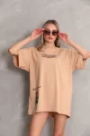 Unisex Bisiklet Yaka Baskılı Oversize T-Shirt – Bej