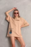 Unisex Bisiklet Yaka Baskılı Oversize T-Shirt – Bej