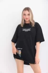 Unisex Bisiklet Yaka Baskılı Oversize T-Shirt – Siyah