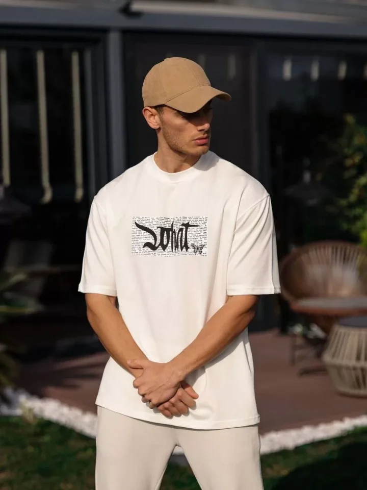 Unisex Bisiklet Yaka Baskılı Oversize T-Shirt - Beyaz Unisex Bisiklet Yaka Baskılı Oversize T-Shirt - Beyaz