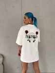 Unisex Bisiklet Yaka Baskılı Oversize T-Shirt – Beyaz