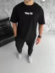 Unisex Bisiklet Yaka Baskılı Oversize T-Shirt – Siyah