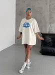 Unisex Bisiklet Yaka Baskılı Oversize T-Shirt – Beyaz