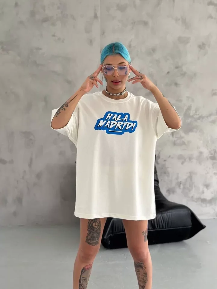 Unisex Bisiklet Yaka Baskılı Oversize T-Shirt - Beyaz Unisex Bisiklet Yaka Baskılı Oversize T-Shirt - Beyaz