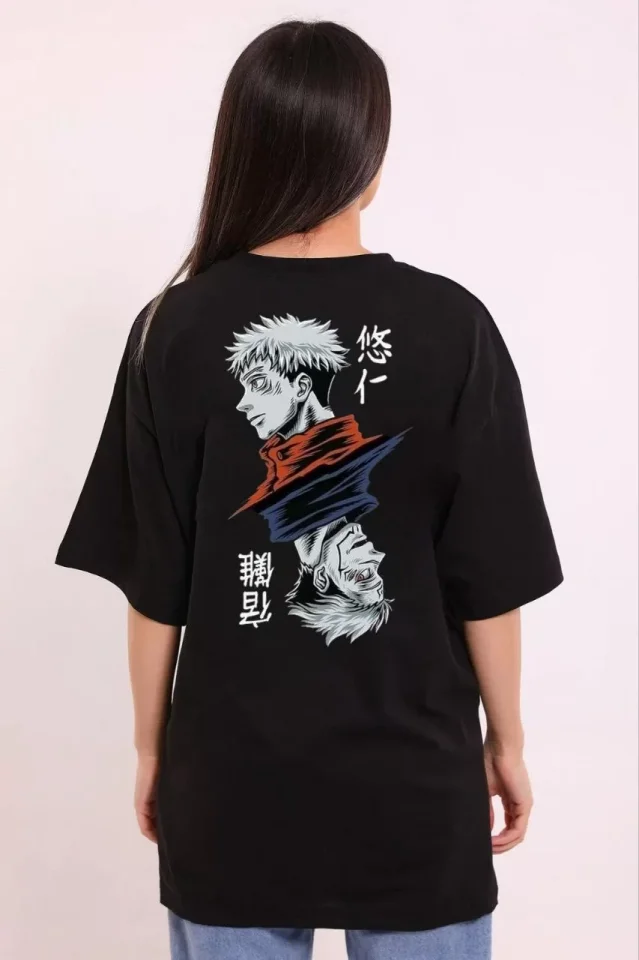 Unisex Bisiklet Yaka Baskılı Oversize T-Shirt - Siyah Unisex Bisiklet Yaka Baskılı Oversize T-Shirt - Siyah