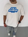 Unisex Bisiklet Yaka Baskılı Oversize T-Shirt – Beyaz