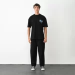 Unisex Bisiklet Yaka Baskılı Oversize T-Shirt – Siyah