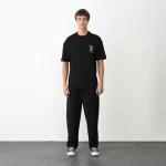 Unisex Bisiklet Yaka Baskılı Oversize T-Shirt – Siyah