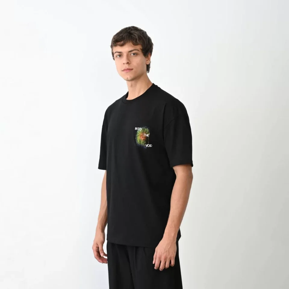 Unisex Bisiklet Yaka Baskılı Oversize T-Shirt - Siyah Unisex Bisiklet Yaka Baskılı Oversize T-Shirt - Siyah