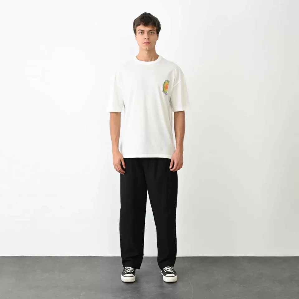 Unisex Bisiklet Yaka Baskılı Oversize T-Shirt - Beyaz Unisex Bisiklet Yaka Baskılı Oversize T-Shirt - Beyaz