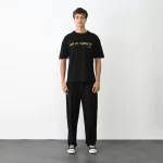 Unisex Bisiklet Yaka Baskılı Oversize T-Shirt – Siyah