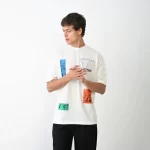 Unisex Bisiklet Yaka Baskılı Oversize T-Shirt – Beyaz