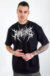 Unisex Bisiklet Yaka Baskılı Oversize T-Shirt – Siyah