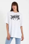 Unisex Bisiklet Yaka Baskılı Oversize T-Shirt – Beyaz