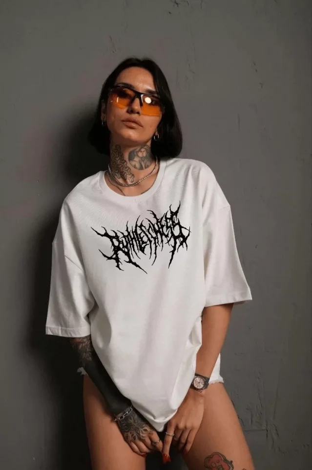 Unisex Bisiklet Yaka Baskılı Oversize T-Shirt - Beyaz Unisex Bisiklet Yaka Baskılı Oversize T-Shirt - Beyaz