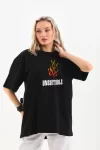 Unisex Bisiklet Yaka Baskılı Oversize T-Shirt – Siyah
