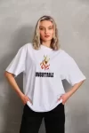 Unisex Bisiklet Yaka Baskılı Oversize T-Shirt – Beyaz