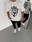 Unisex Bisiklet Yaka Baskılı Oversize T-Shirt – Beyaz