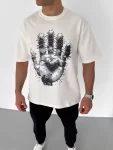 Unisex Bisiklet Yaka Baskılı Oversize T-Shirt – Beyaz
