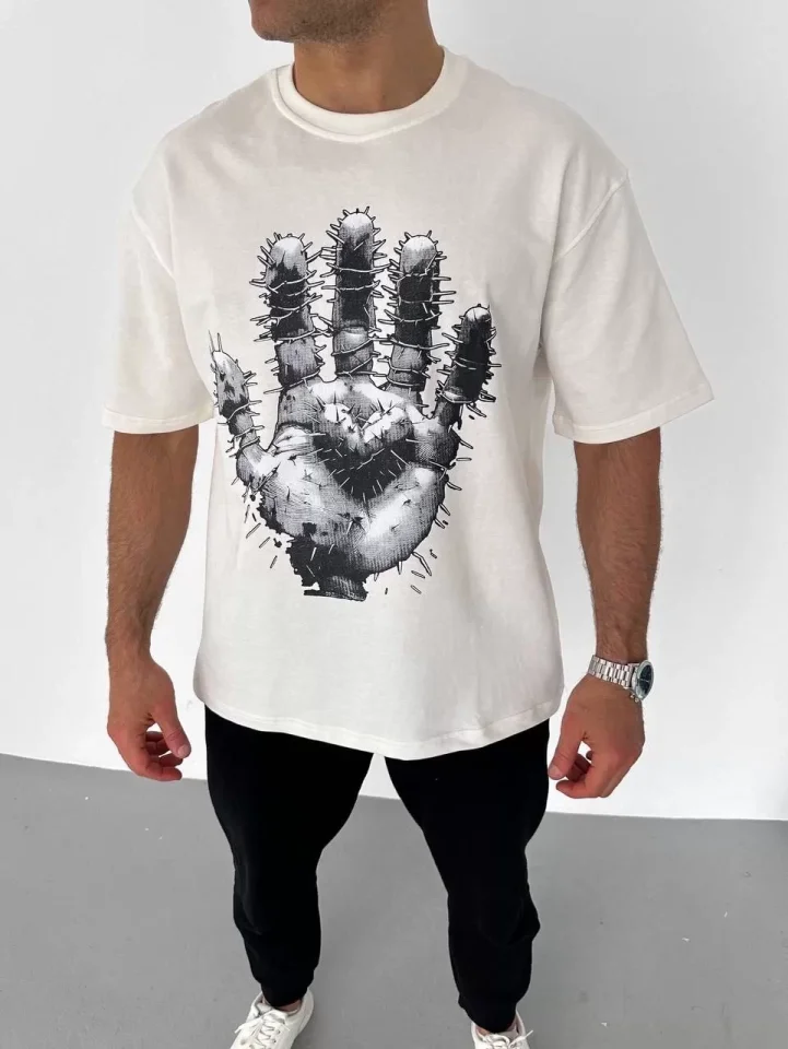 Unisex Bisiklet Yaka Baskılı Oversize T-Shirt - Beyaz Unisex Bisiklet Yaka Baskılı Oversize T-Shirt - Beyaz